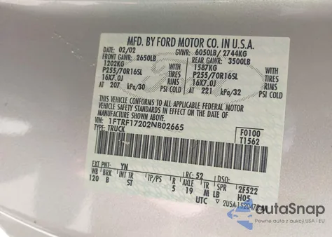 2002 Ford F-150 Xl/Xlt z USA, uszkodzony, nr VIN 1FTRF17202NB02665